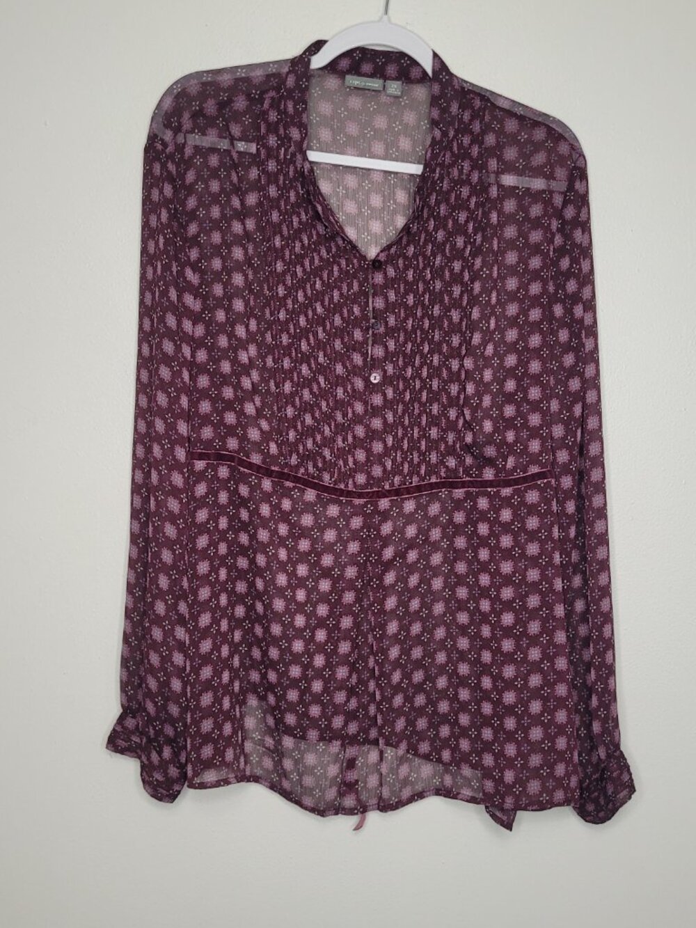 Y2k Apt 9 purple semi sheer all over print tie back romantic plus size top 2x